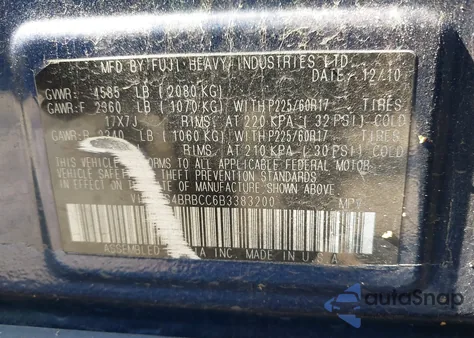 2011 Subaru Outback 2.5I Premium z USA, uszkodzony, nr VIN 4S4BRBCC6B3383200